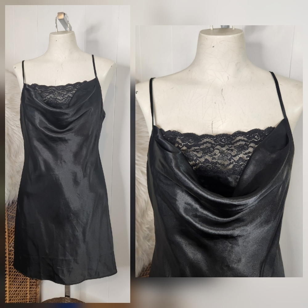 Y2K Black Lace Slip Dress Nightie Lingerie Mini Dress size Medium whimsigoth